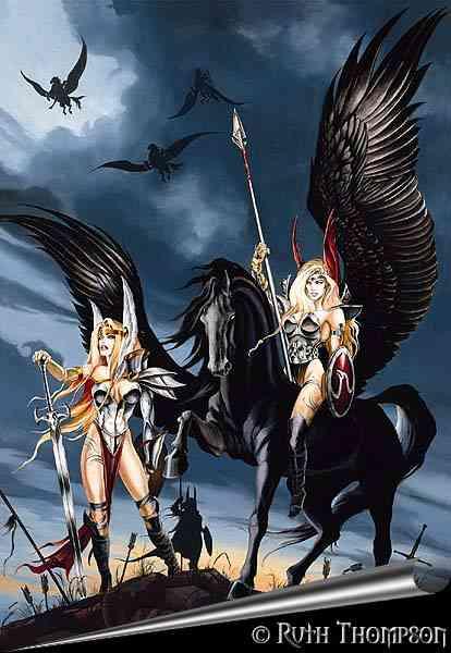 Pégase noir et deux amazones
